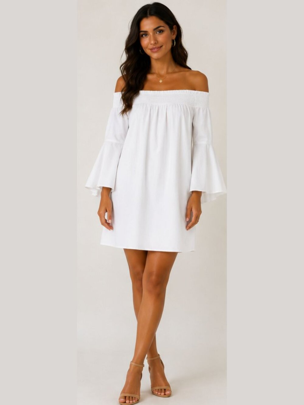 Soprano White Off Shoulder Bell Sleeve Dress Bow Back Size Small